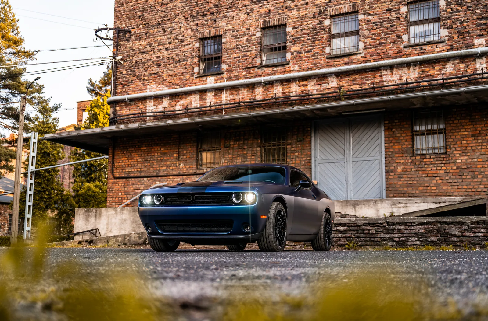 Niebieski Dodge Challenger 5,7 HEMI na tle betonowej ściany